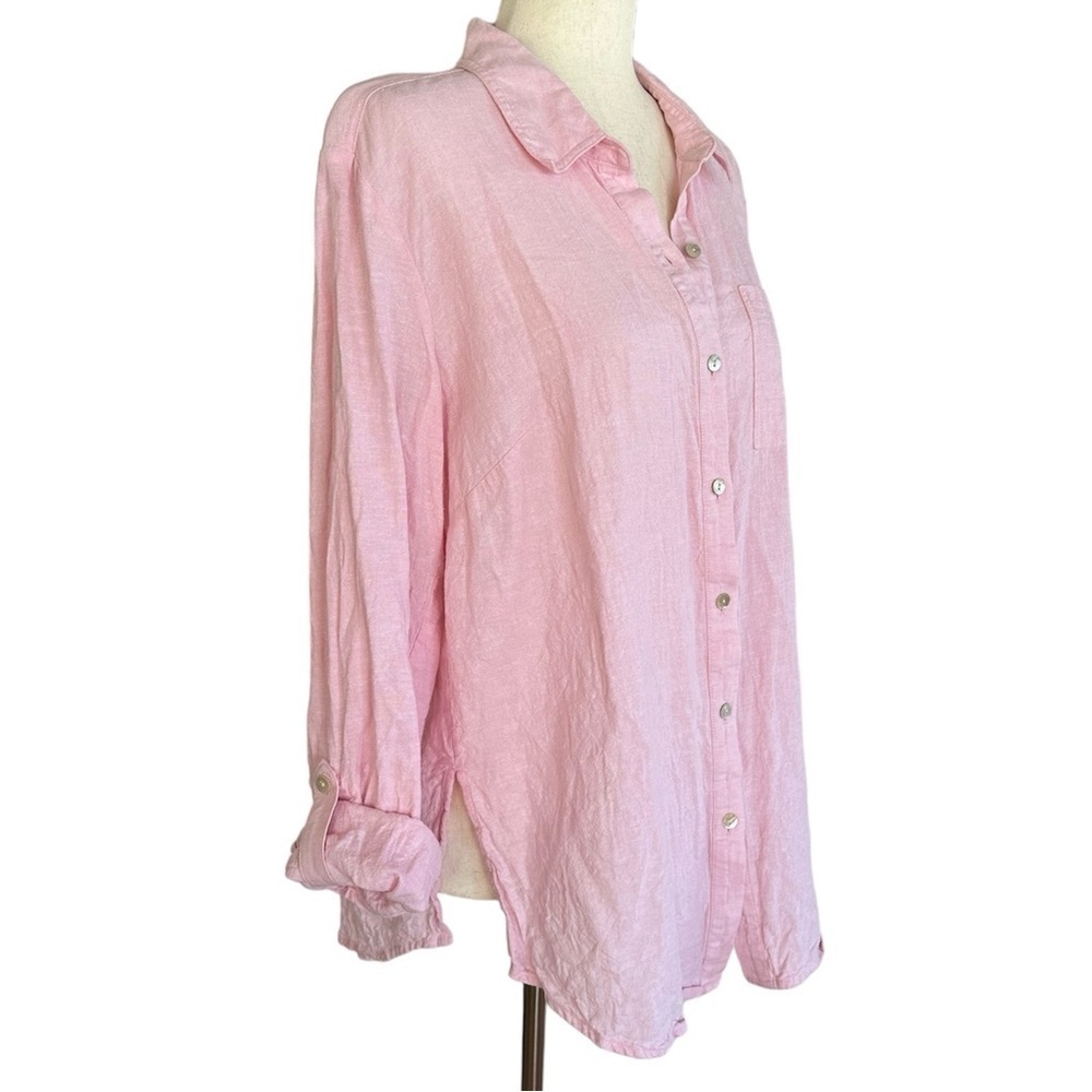 Susan Graver Pink Linen Rayon Blend Long Sleeve Button-down Roll Tab Sleeves M - Picture 1 of 11